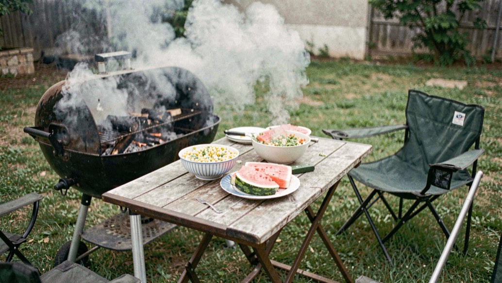 A shaded back porch in York County at dusk on the Fourth of July, a half-empty bottle of chilled white wine beaded with condensation beside paper plates and grilled corn, string lights overhead, fireworks smoke drifting above the tree line in the background.